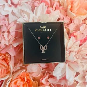 Coach Pink Pave Crystal Bow Silver Necklace & Stud Earrings Set